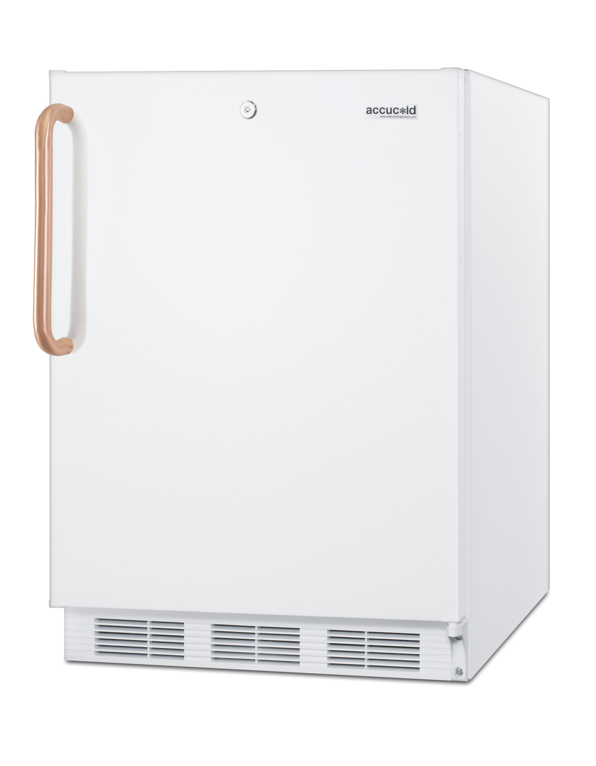 ADA compliant commercial all-refrigerator for built-in general purpose use, with pure copper handle, lock, automatic defrost operation, and white exterior